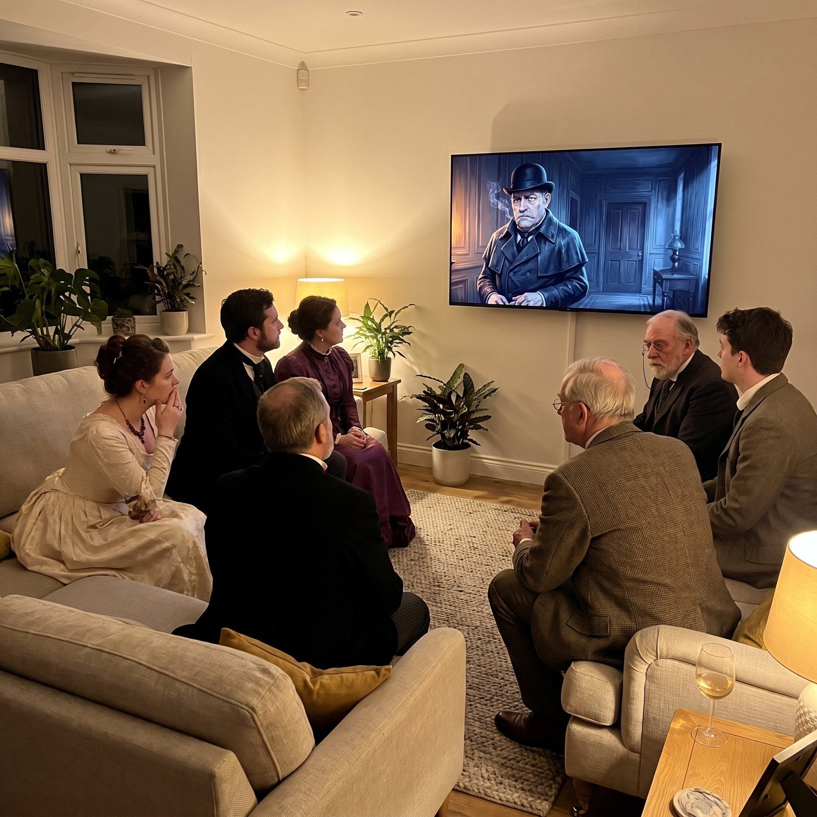 The Show playing on a television while the table watches the Inspector