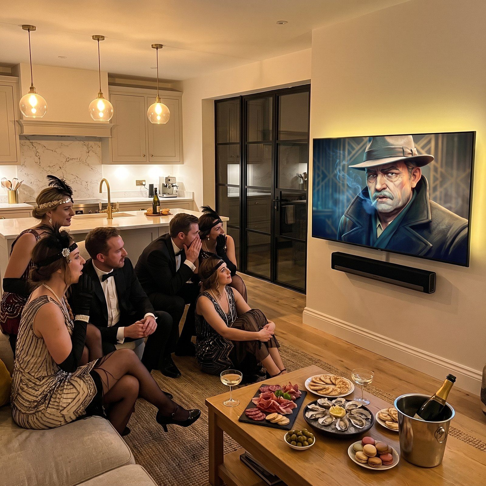 The Show playing on a television while the table watches the Inspector