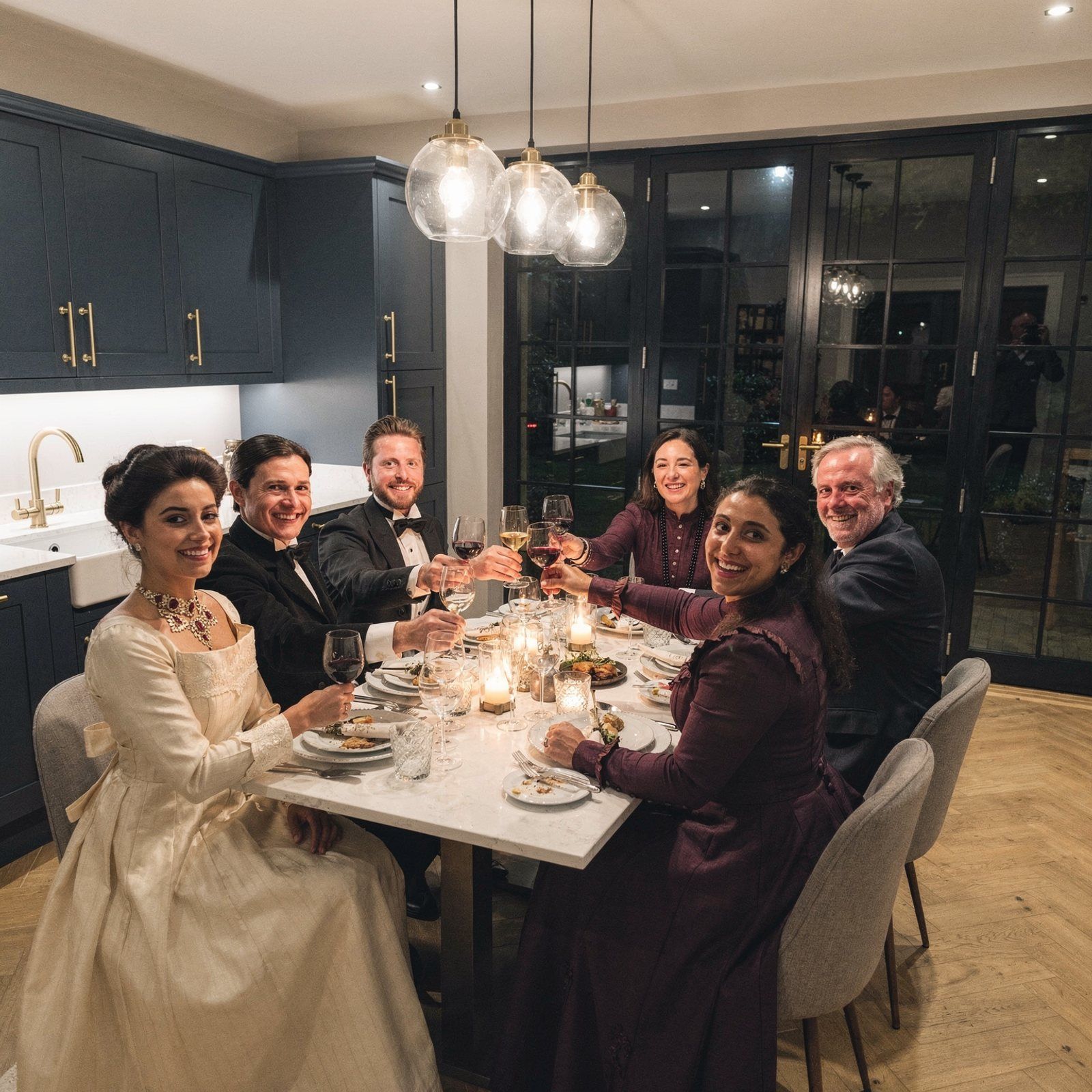 The table raising a toast in costume