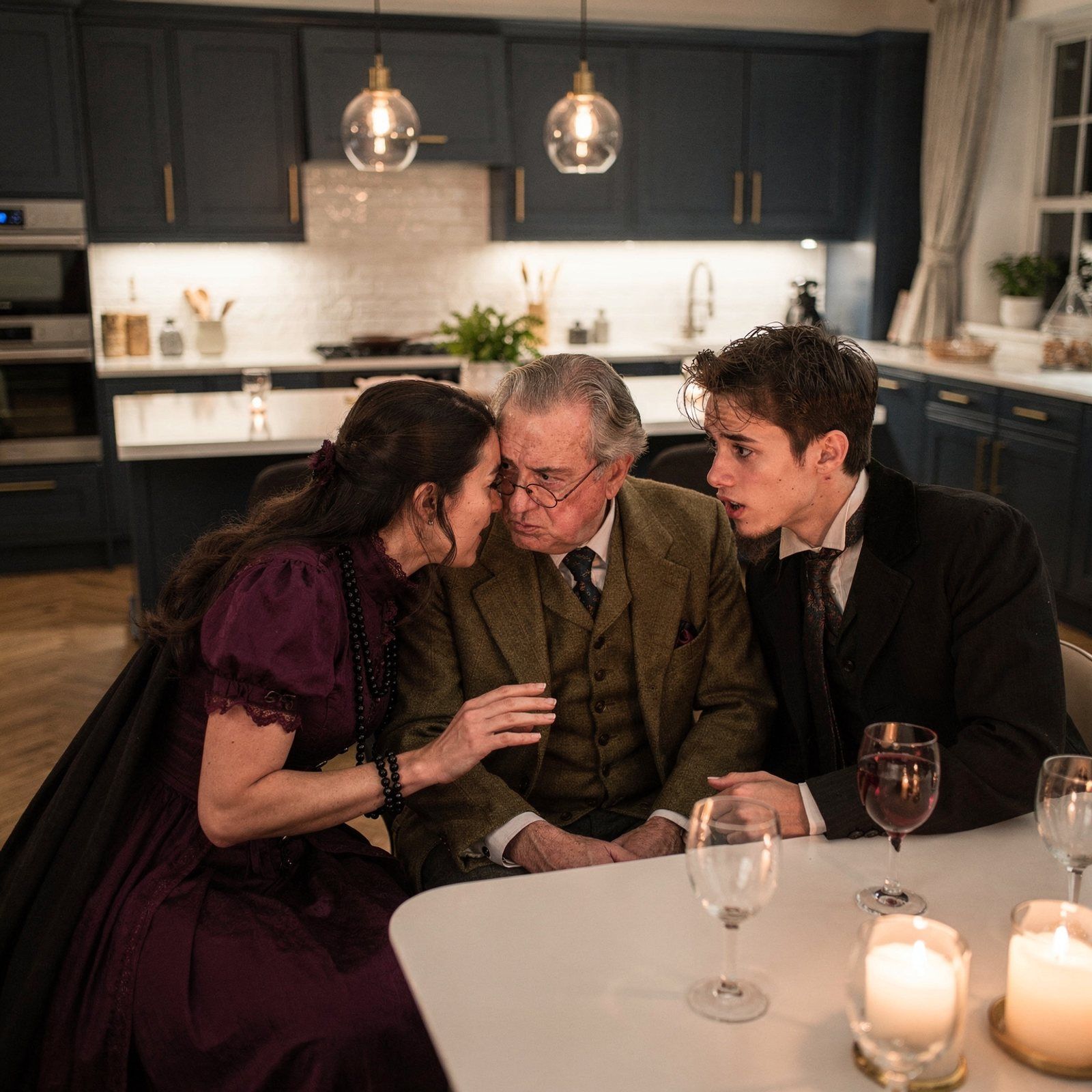 Three guests conferring over dinner, mid-investigation