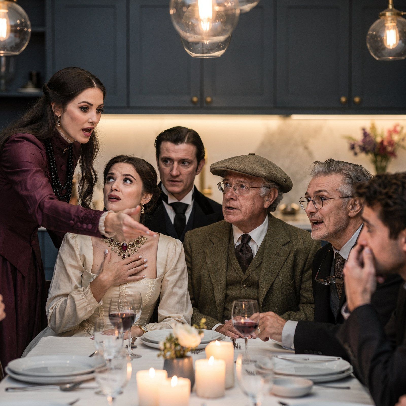 A guest standing to point an accusation across the dinner table