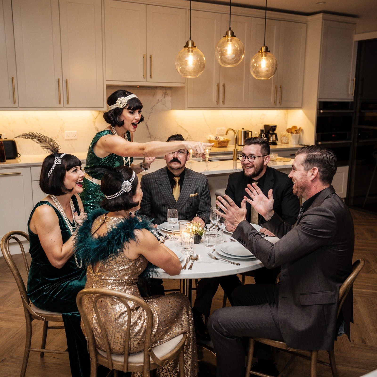 A guest standing to point an accusation across the dinner table