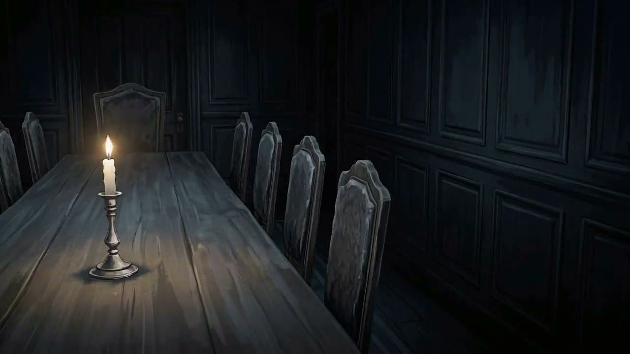 The séance circle, hands joined in lamplight — a frame from the intro film