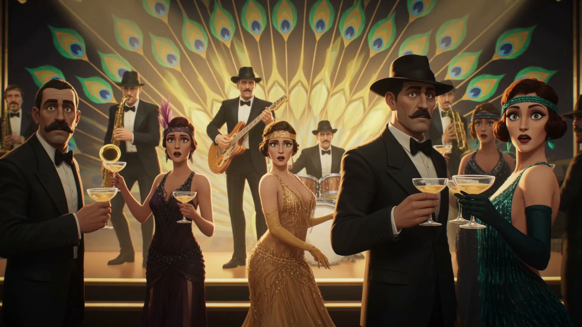 The whole party frozen mid-toast — a frame from the intro film